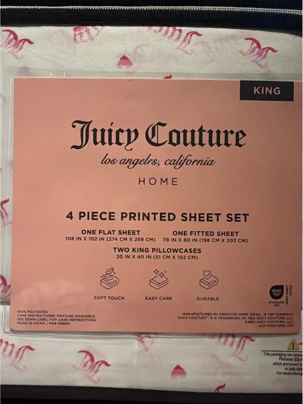 Juicy Couture King 4-Piece Sheet Set – Pink Logo & Heart Print – New